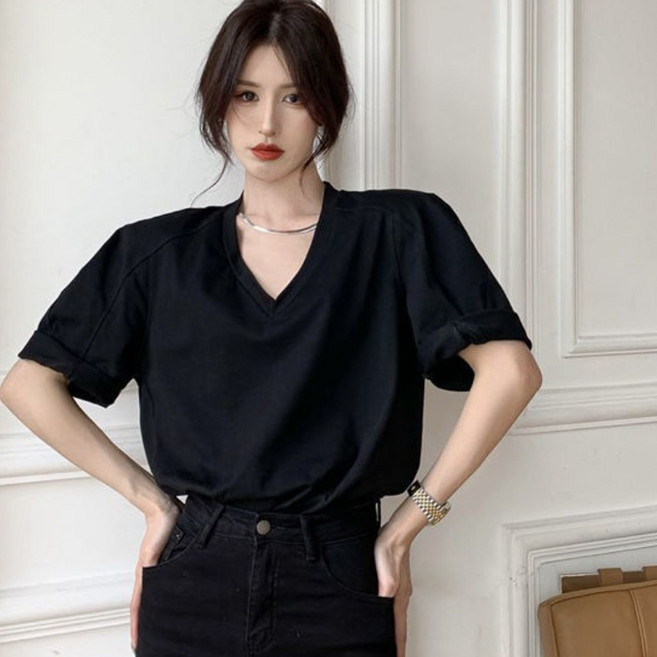 2color 여자 어깨패드 브이넥 절개 여름 반팔 티셔츠