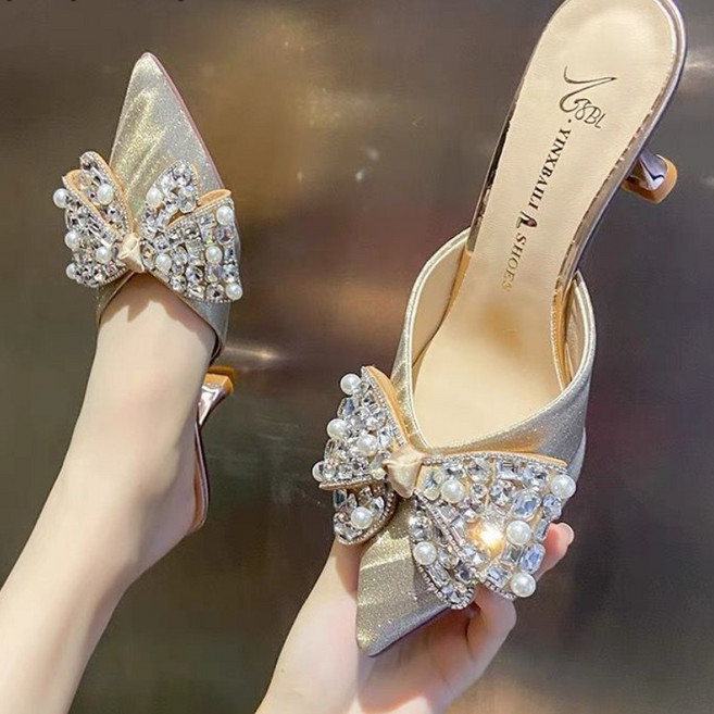 여성 봄여름 스틸레토 리본 스위트 진주 큐빅 힐 샌들 6.5cm