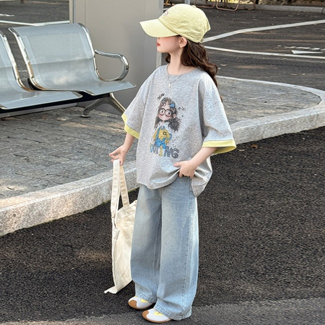 비비키드 주니어 상의 초등생 하의 세트 여아 여름 청바지 세트 초중생 반팔티 초등생 상하세트 여아페인트 (77368)