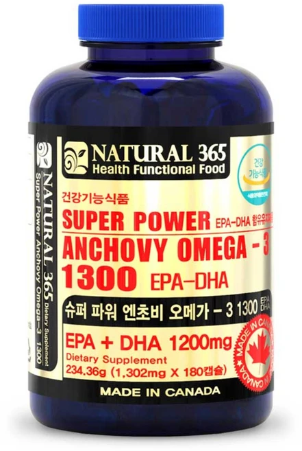 내츄럴 365 캐나다 슈퍼파워 엔초비 오메가3 1300 (1병-6개월분), 1개, 180정 - 쿠팡