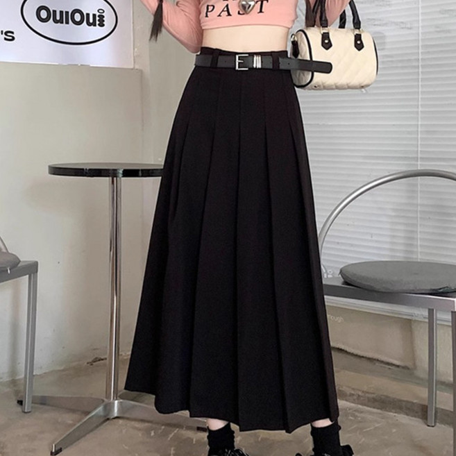 YioYcc 여성 치마 캐주얼 A라인 롱스커트 플리츠스커트