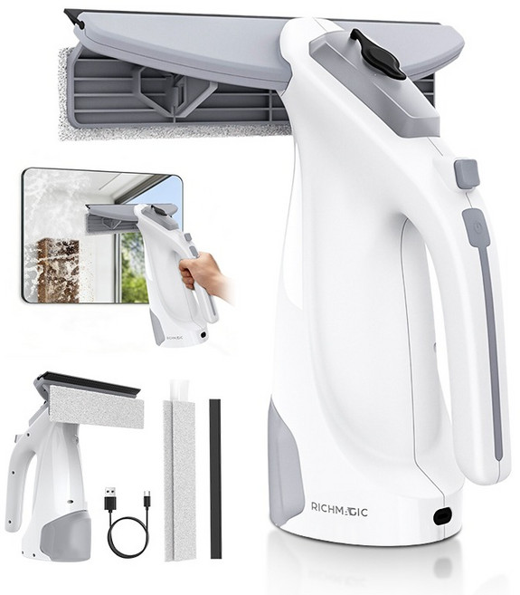 RichMagic 3in1 무선 전동 스퀴지 유리창 청소 도구 창문 닦이 욕실 물기제거 스퀴지 화장실 물기제거 물분사+물흡입+물걸레, 화이트, 1개
