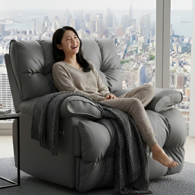 릴랙시온 퍼스트 클래스 전동 리클라이너 안마 마사지 히팅 1인용 쇼파 의자 소파, 전동 풀패키지 가죽 그레이