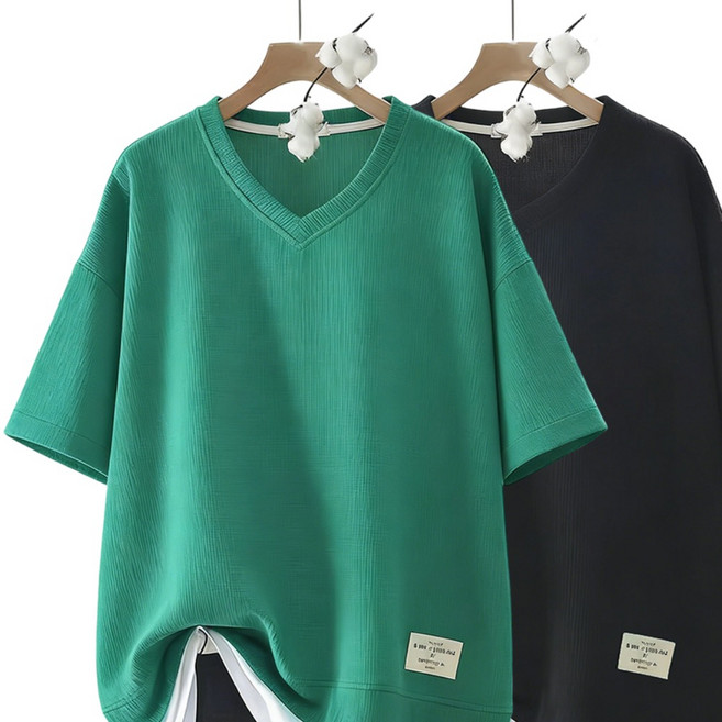 오스틱니 100kg까지 빅사이즈 1+1 날씬해보이는 레이어드 티셔츠 여성 여름 편한 브이넥 무지 박스반팔티 오버핏 심플 이너 간절기 외출코디 통기성이 좋은 시원한 반팔롱티 데일리