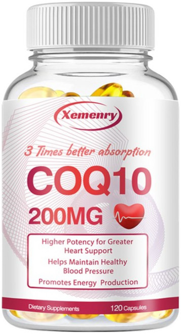 CoQ10 200mg 흡수력 향상을 위한 엑스트라 버진 올리브 오일이 함유된 코엔자임 Q10 보충제 미국산 심장 건강 지원 항산화 보호 에너지 생산 비GMO, 1개, 120정