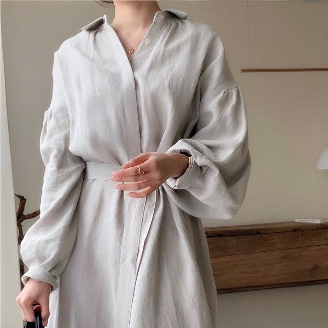 소솜 여성 간절기 린넨 셔츠 원피스 루즈핏 롱 긴팔 벌룬소매 출근룩