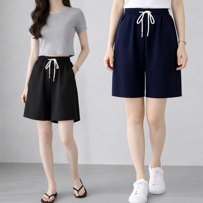 1+1 여성 빅사이즈 마 4부 반바지 포켓 와이드 밴딩팬츠 기본 베이직 고무줄 주머니 데일리 여름 심플 일상 외출복