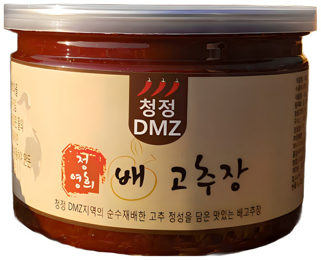 청정 DMZ에서 고추 재배하여 만든 '정영희 배고추장' 입니다. 배의 단 맛과 매운맛이 잘 어우러진 고추장 입니다. 400g / 800g / 1.5kg, 1개