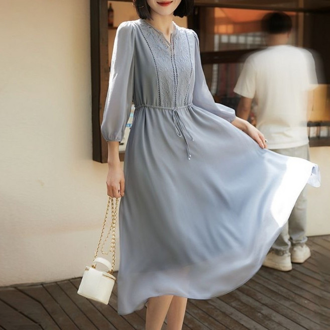 패션고리 여성 여름 라운드 레이스 쉬폰 롱 원피스 ZX054