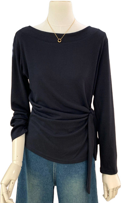 SONOVA 쏘노바 여성 여리핏 보트넥 랩 티셔츠 슬림핏 허리리본 라인핏 긴팔 니트 데일리 기본템