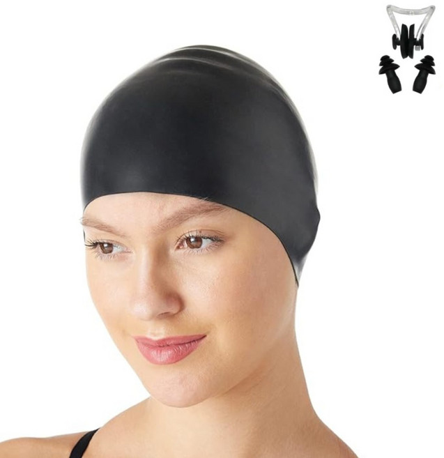 남녀공용 스판 수영모 + 귀마개 세트YMTZ008, 1세트, 블랙