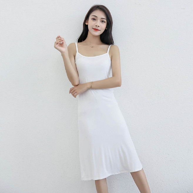 【Helena】莫代爾輕薄涼爽無袖吊帶裙 連身裙 素色顯瘦百搭長裙 打底單穿皆可 裙子女 女裝【A1105】, 白色【中長】