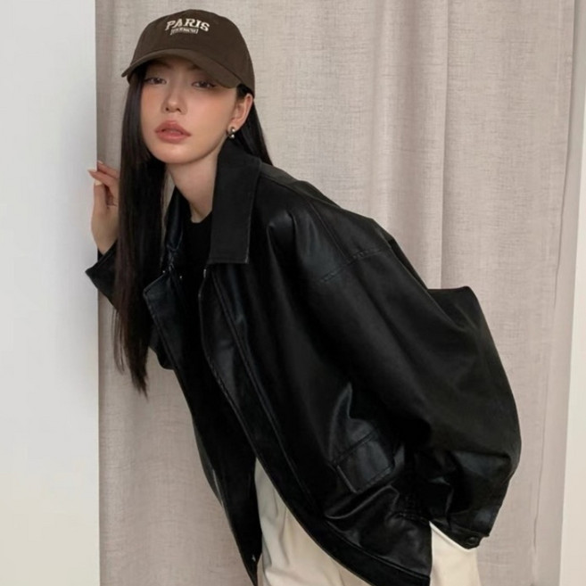 AOKADA 여성 겨울 시크 오버핏 블레이저 하프 코트 가죽 자켓