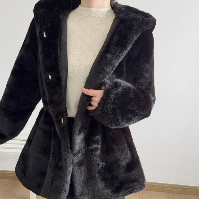 [LIONHU] 여성용 밍크 페이크퍼 후드 자켓 겨울 루즈핏 빅사이즈 코트