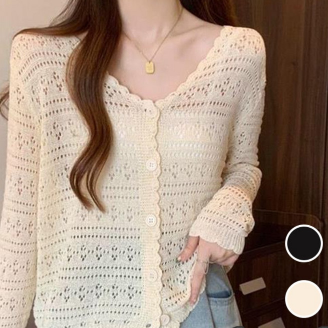 NUNUHANA 1+1 여성 루즈핏 시스루 펀칭 브이넥 긴소매 가디건