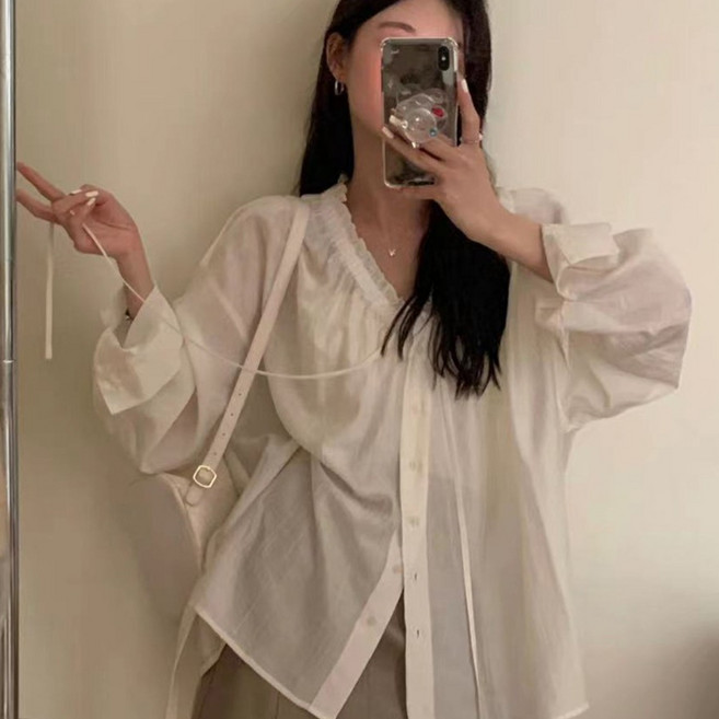 여성 러블리 브이넥 셔링 블라우스 빅사이즈 오버핏 박시핏 셔츠 남방 하객룩 출근룩 시스루 리본
