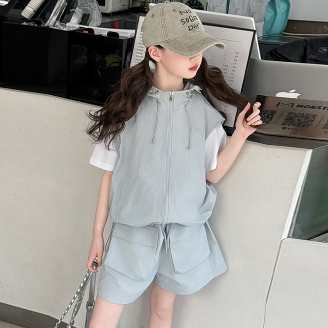 비비키드 여아 여름 초중생 상하복 세트 주니어 반팔티 후드자켓 상의+하의 바스락 쓰리피스 세트 초등생 반바지 세트 (8852)