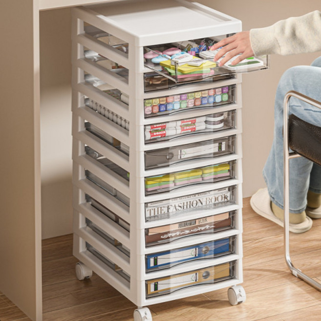 투명 다층 파일캐비닛 이동식 서랍형 수납장 슬림 디자인 사무실 정리함, 1개, 풀리10단투명하부수납장