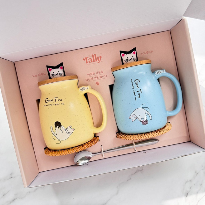 귀여운 예쁜 고양이 머그컵 세트 2종 선물, 하늘,노랑 선물세트 (컵받침 스푼 포함), 1개