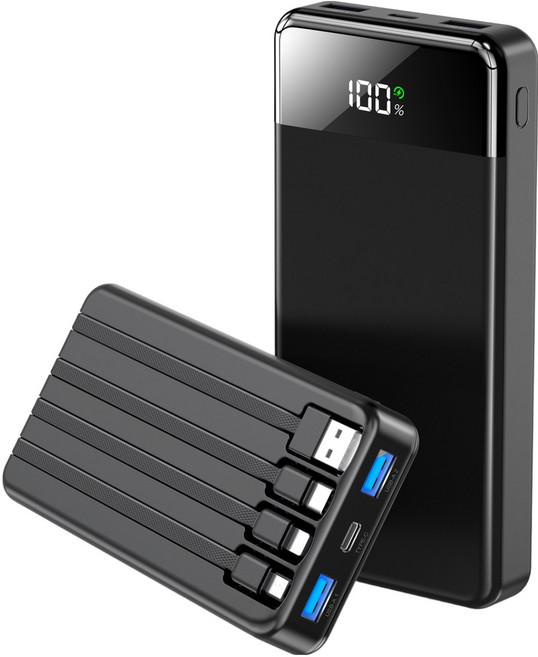 UOOFON 일체형 보조배터리 고속충전 30000mAh 대용량 PD 22.5W QC3.0 잔량표시+ 4개 케이블 멀티단자, 블랙, N6