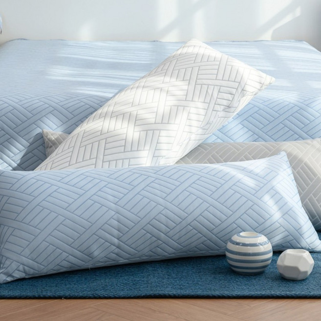 [국산] 리빙캐슬 냉감 듀라론 쿨헤링본 쿠션 바디필로우 + 솜, 1세트, 블루