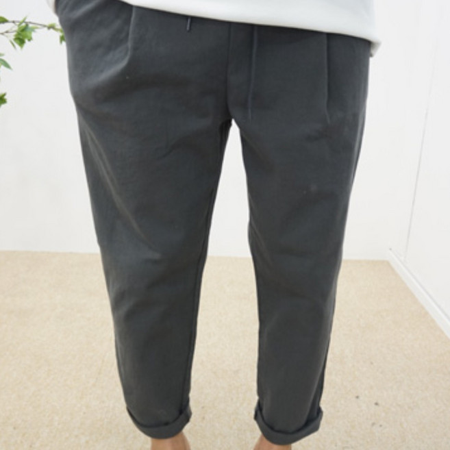 젠시크 남자 봄 가을 전체스판 원턱 반배기 세미와이드 워싱면 9부 밴딩 면바지