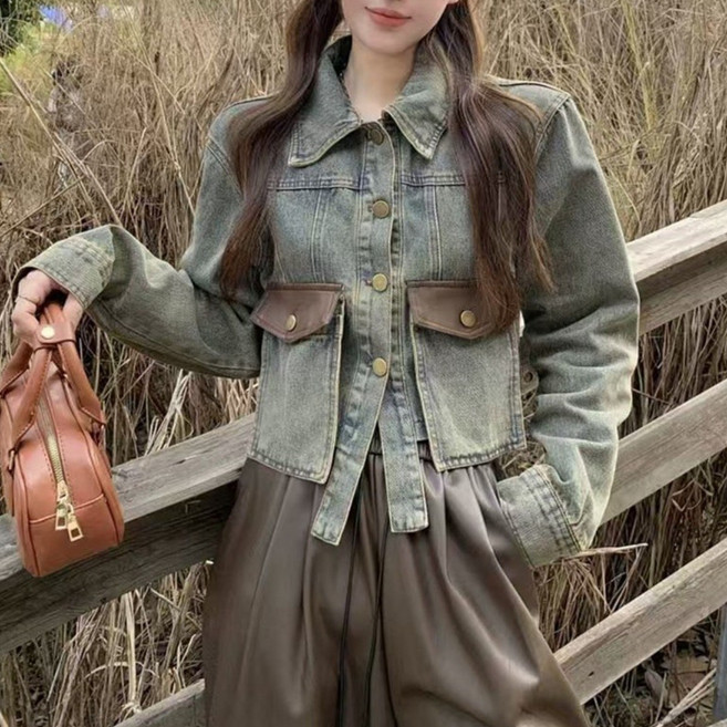 여성 봄가을 루즈핏 숏 데님 긴팔 아우터 포켓 스타일리쉬 자켓 슬림소녀