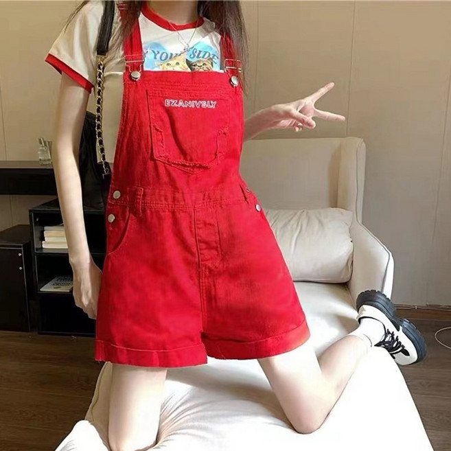 슬림소녀 여성 여름 멜빵 데님 반바지 멜빵바지