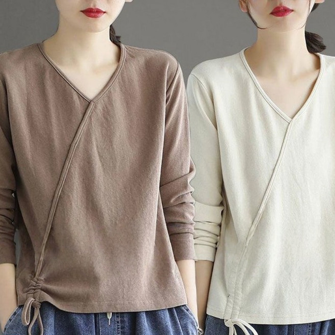 Makone 여성 브이넥 순면 긴팔 티셔츠 봄가을 캐주얼 패션 빈티지 측면 스트링 장식 엄마룩 1+1