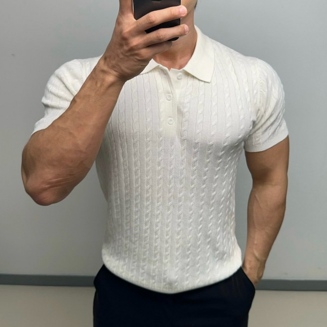 AMBEX 남자 여름 머슬핏 반팔 니트 카라 티셔츠 슬림핏 꽈배기