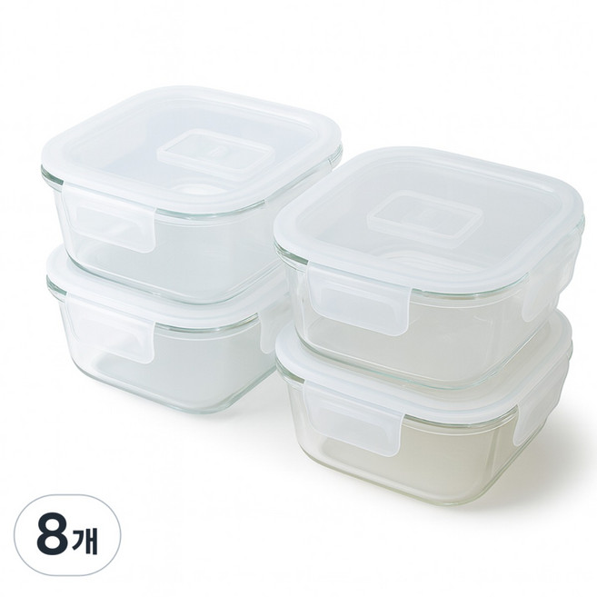 365마미 냉동밥 용기 전자레인지용 내열강화유리 사각, 320ML, 8개