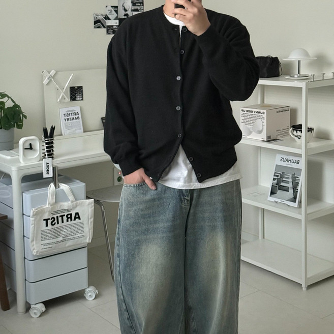 르위 라운드 오버핏 단추 가디건 스판 빅사이즈 니트 아우터