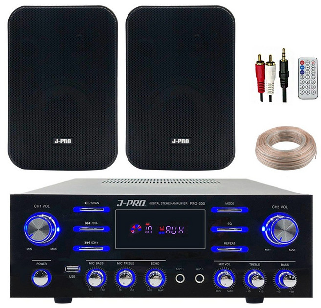 제이프로 300W 블루투스 매장용 카페 매장 업소용 벽걸이 미니 앰프 스피커 2개 세트+리모콘+PC선 1.5M+스피커케이블 20M, 블랙