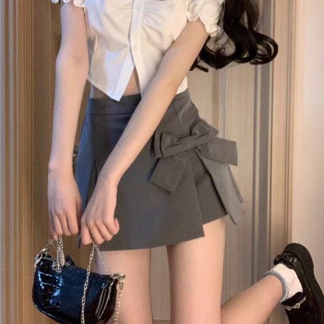 COSYEVNO 핫걸 반팔 셔츠 스커트 투피스 리본 트임 A라인