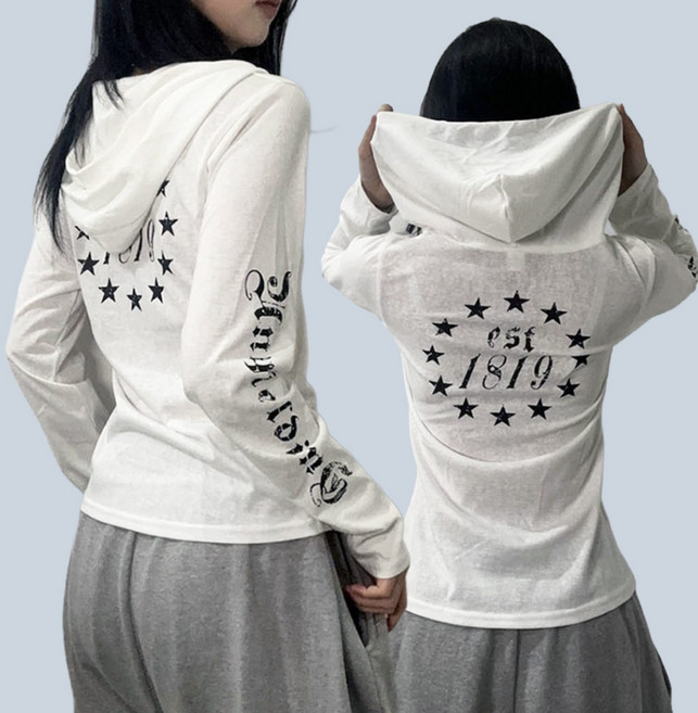 레트로 레터링 별 포인트 프린팅 후드 긴팔 티 Y2K패션