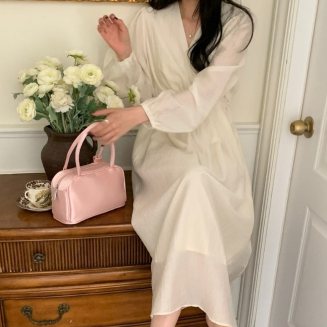 리턴 봄 여성 하객룩 브이넥 소매 벌룬 퍼프 셔링 플레어 허리 스트랩 A라인 롱 원피스