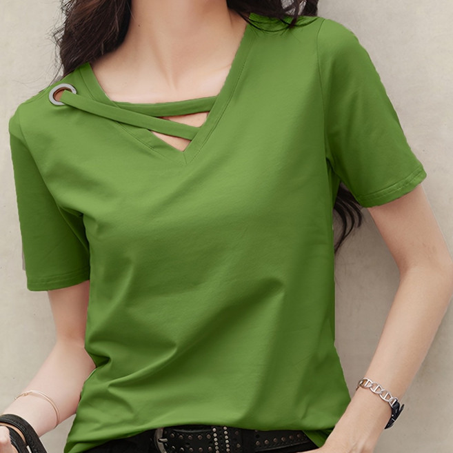 여름 브이넥 반팔 캐주얼 티 상의