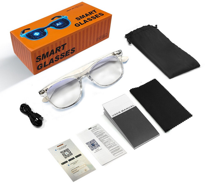 다기능 블루투스 스마트 안경 AI 실시간 번역 통화가능 사진 촬영 기능 무선 이어폰(보통 렌즈/선글라스 가능 패션과 스마트함을 겸비한 필수품), 투명 프레임 - 안티 블루 라이트
