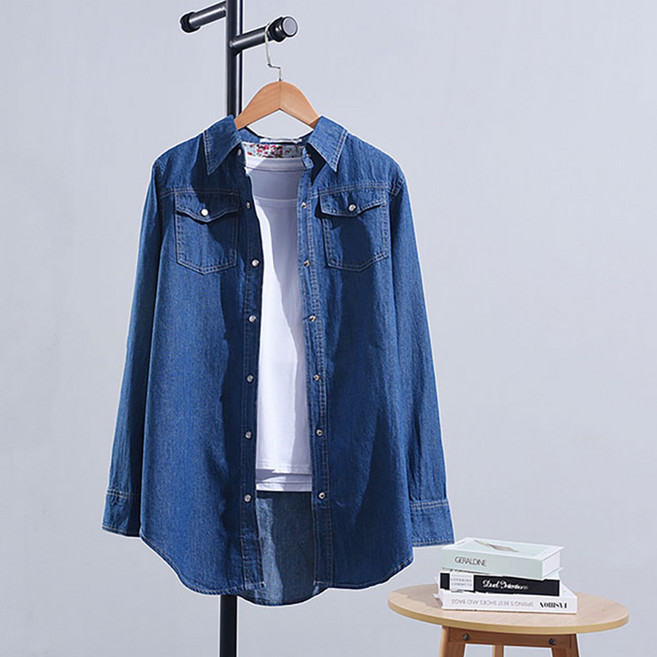 ROYALBELLE 여성 빅사이즈 루즈핏 긴팔 하프기장 가벼운 데님 셔츠 K070962