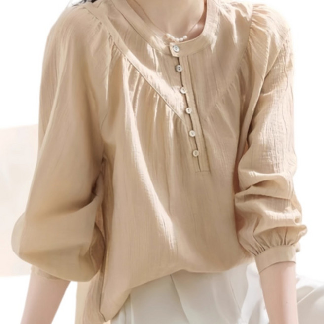Makone 여성 프렌치 라운드 긴팔 셔츠 엘리강스 오피스룩 긴팔 풀오버 큐티 블라우스