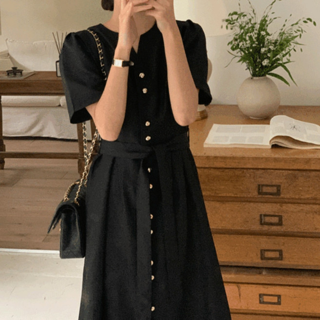 루어스룸 크라운 금장단추 골드버튼 고급 가을 브이넥 핀탁 여자 하객 벨트 롱 원피스