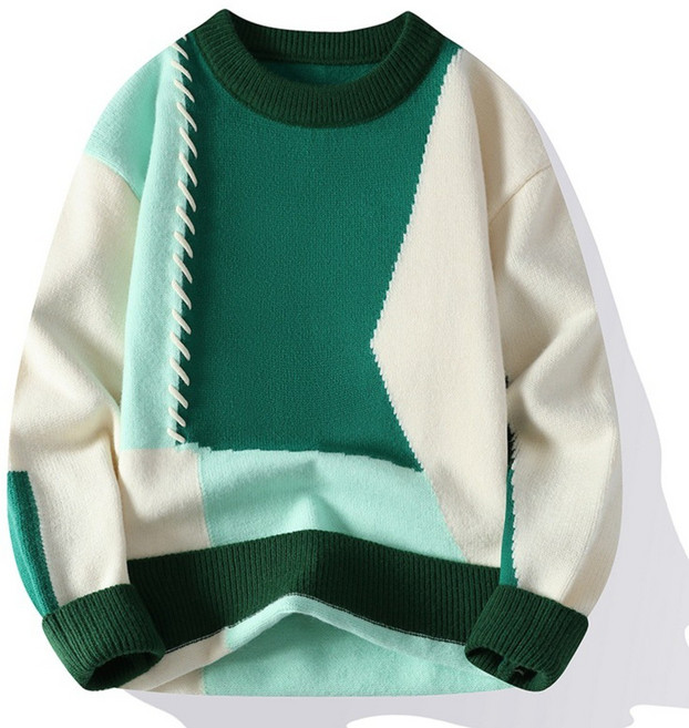 [초특가] POMTOR 남성용 가을겨울 배색 니트 스웨터 루즈핏 캐주얼 빅사이즈 라운드넥 니트