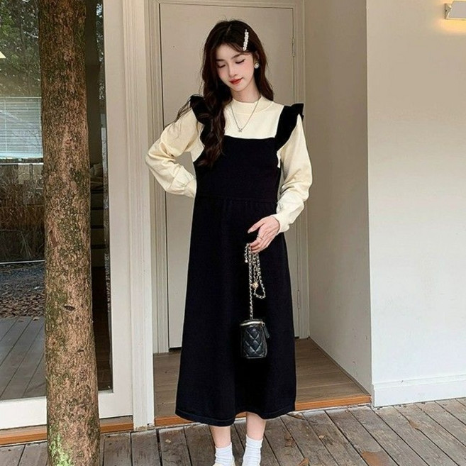 임산부 원피스 봄 가을 여성 캐주얼 임부복 루즈핏 페이크 투피스 원피스 기질 긴팔 임부 원피스 CY