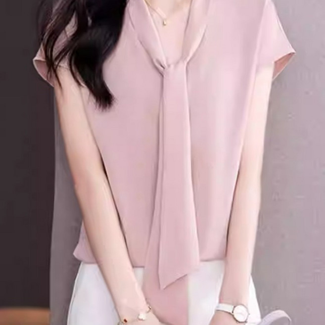 Belseva 여성 리본 셔츠 오피스 반팔 쉬폰 탑