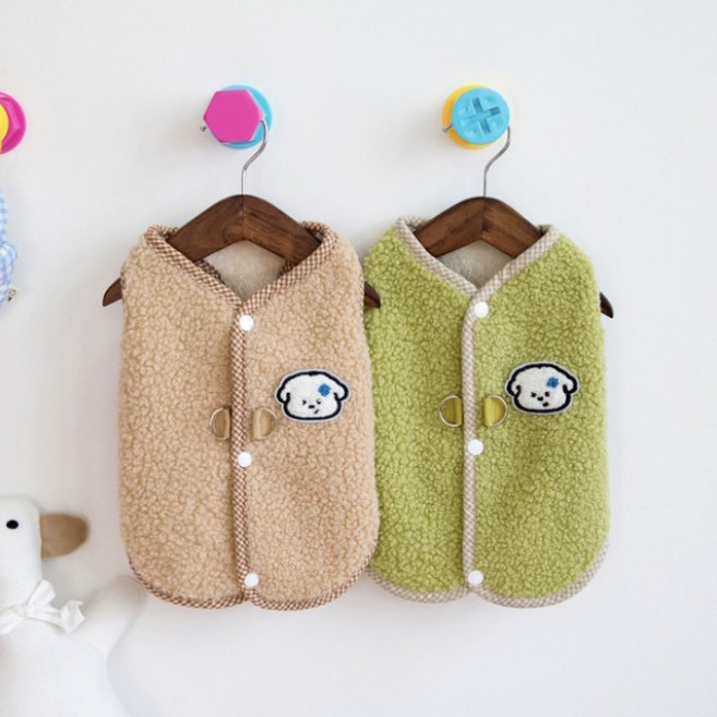 넛토 반려견 강아지 고양이 후리스 후끈 양털 뽀글이 하네스 조끼, 베이지, 1개