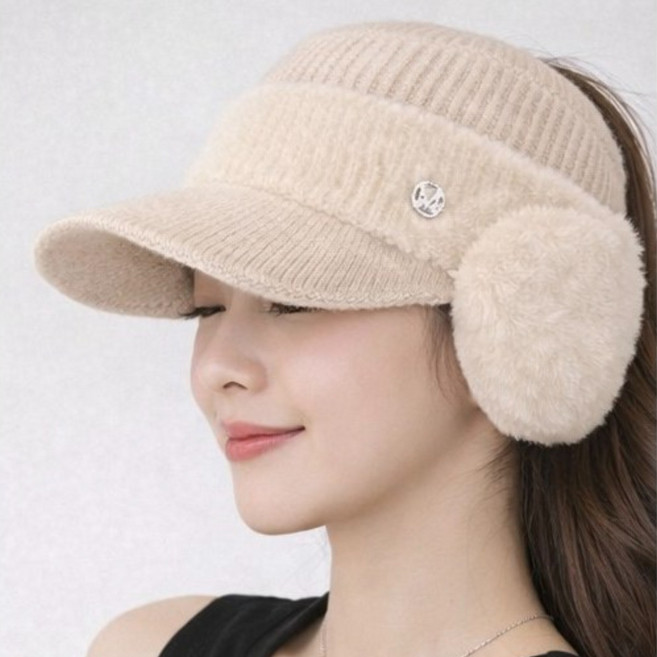 여성 방한 니트 귀달이 모자 겨울 데일리 골프 등산 데일리 귀마개 캡