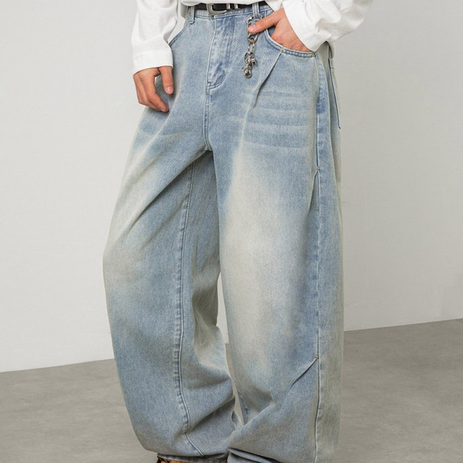 하울맨 남성 빅사이즈 옆핀턱 워싱 데님 와이드 팬츠