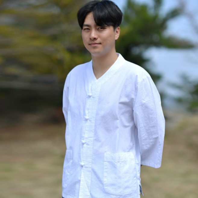 [9515] 30수 핀탁 스라브 오픈 상의 생활한복 / 저고리 티셔츠 여름 거사님 남자 남성 한복 개량한복 수련복 법복 절복 승복 템플스테이 지장사