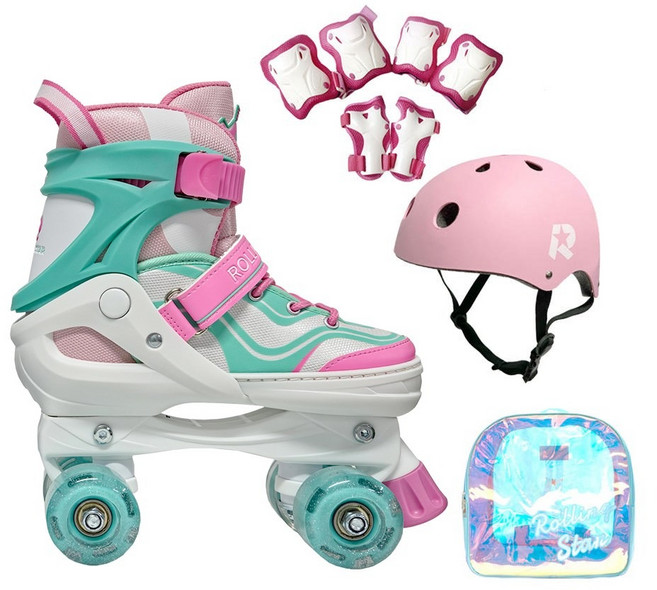 롤링스타 아동 어린이 뉴키즈 롤러 인라인세트 사이즈조절 가방 보호대 헬맷 포함, 블랙(롤러블랙+헬맷블랙+보호대블랙+가방), 1개
