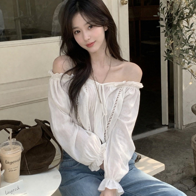 J2 STYLE 오프숄더 레이스 루즈핏 블라우스